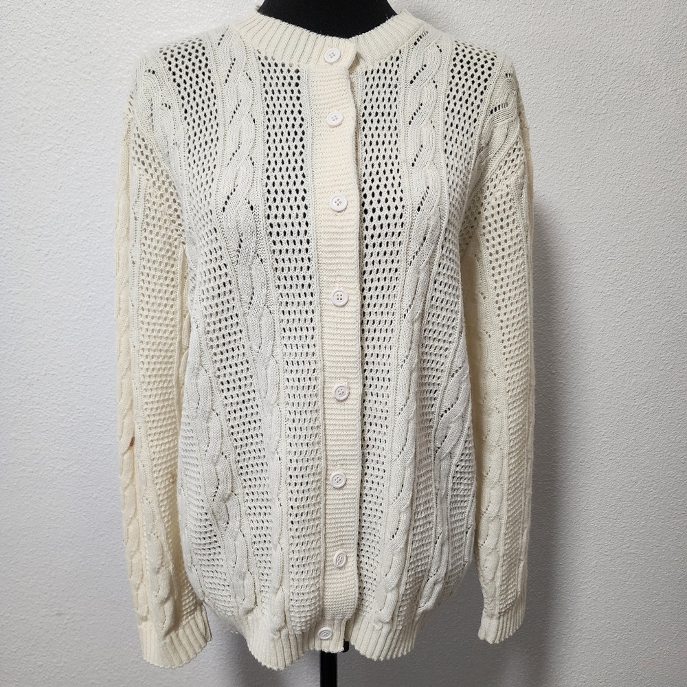 Keneth Too Cream Crochet Cable Knit Cardigan Sweater